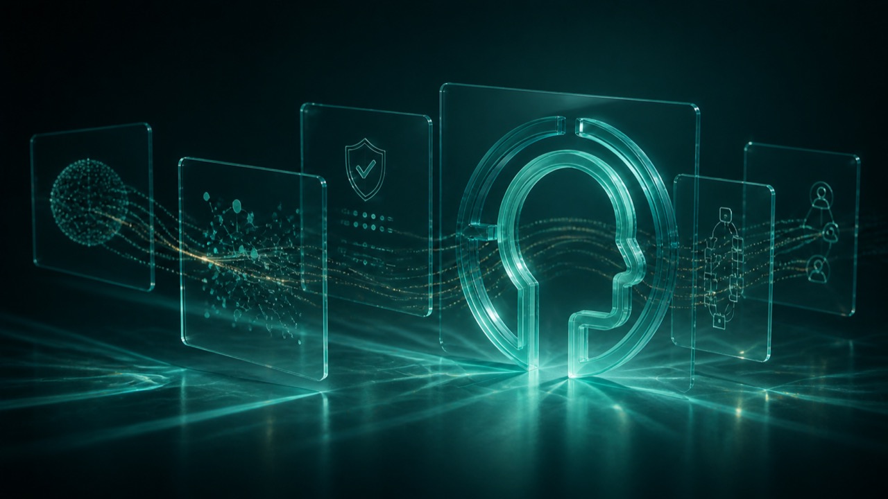 TURI head among transparent connected information panels