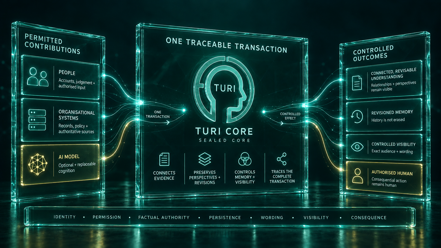 TURI Core governs permitted contributions from people, organisational systems and an optional AI model as one traceable transaction, producing connected revisable understanding, revisioned memory and controlled visibility while consequential authority remains human. Identity, permission, factual authority, persistence, wording, visibility and consequence remain separately controlled.